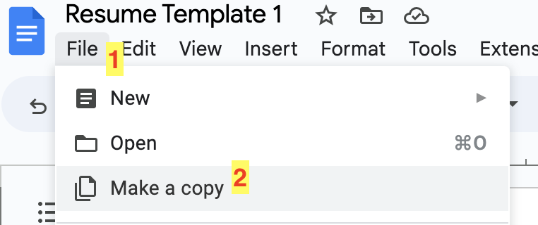 Google Docs menu showing File then "Make a copy" to save your own editable copy of the resume template
